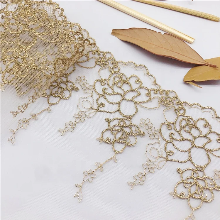 Golden Fancy Bridal Bordere Embroidery Organza Lace Trim Gauze Lace Net Roll Mesh Gold Lace Trim