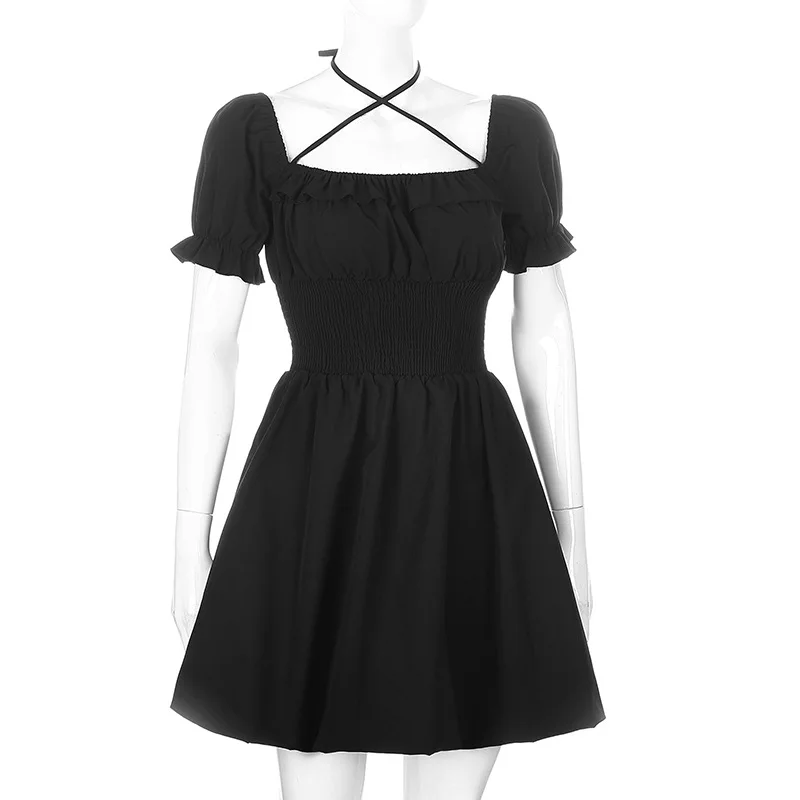 Y2k Retro Sexy Short Mini Little Black Goth Dress Vd2109 Square Neck ...