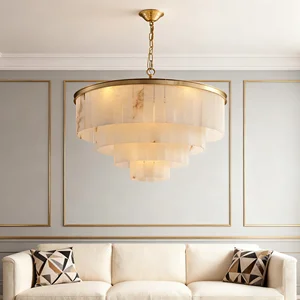 JACKAUN Spanish Marble Copper Round Chandelier 5 Tiers Adjustable Gold Pendant Lamp Dia 80cm Living Room Hanging Lamp