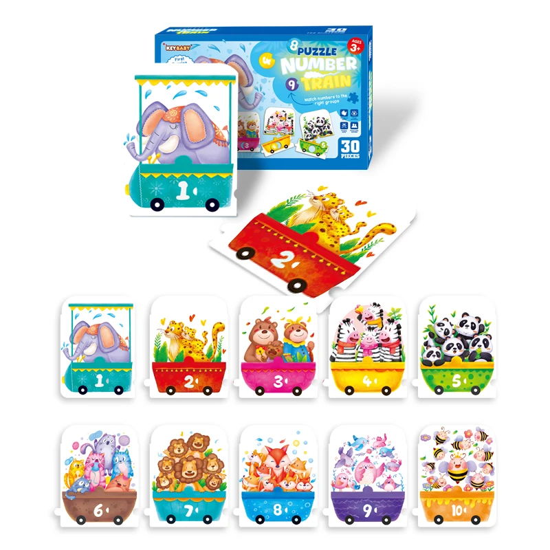 Keybaby Number Train Puzzle 30 Pcs Counting Puzzle for Kids Learn Numbers 1-10 Educational Toddler Toy Preschool Animal Train