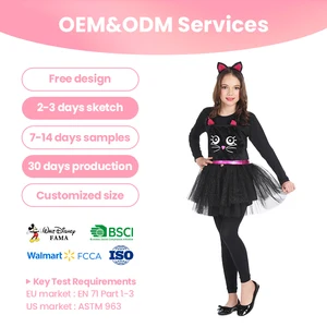 Black Cat Costume Long-Sleeve Tulle Dress with Ears for Stage Performance Adults 100% Polyester