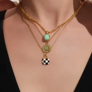 Women's Vintage Stainless Steel Zircon Ferris Wheel Pendant Necklace Gold Plated Chessboard Design Simple Butterfly Buddhism