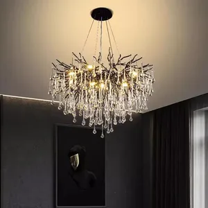 Luxury Home Commercial Hanging Crystal Chandelier Creative Tree Branch Water Drop Glass Art Warm White Aluminum AC Power Middle