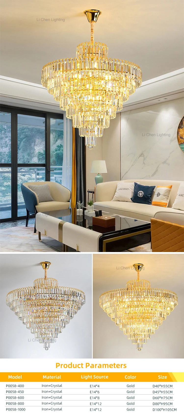 p0058 luxury round gold crystal chandelier  modern tiered led pendant lamp for living room-0