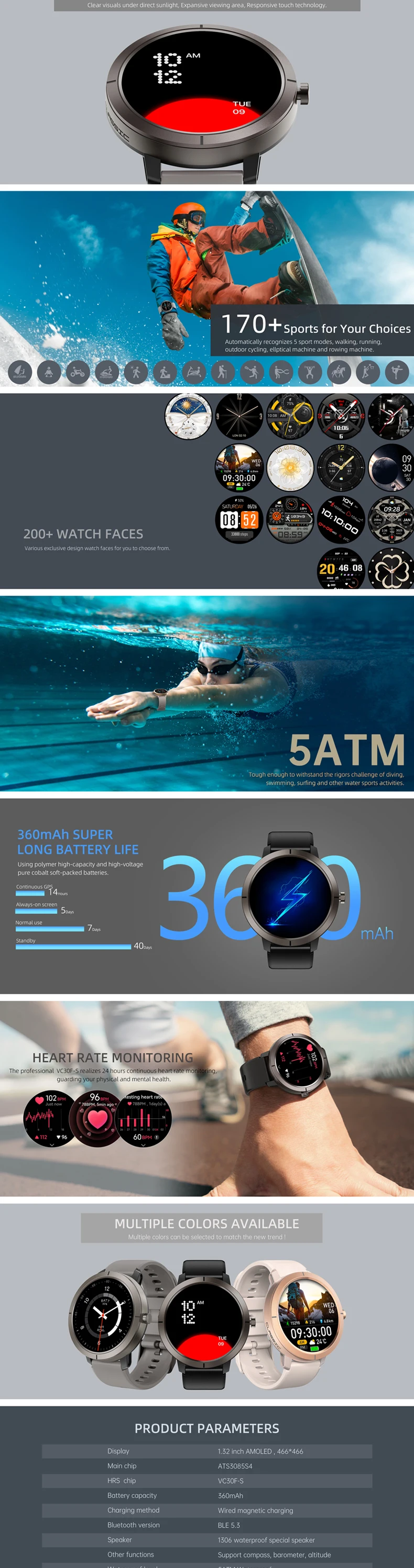 product gps smart watch dm76 132inch amoled screen with altitude pressure compass 5atm waterproof sports smartwatch for ios android-2