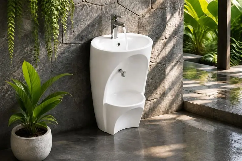 White ceramic wudu basin outdoors with the water stream falling inside the basin