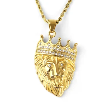 Gold Plated Jewelry Stainless Steel Men King Crown Lion Head Pendant Necklace