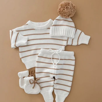 Toddler Baby Boys Girls Cute Sweater Multi piece set Striped knit Long Sleeve Knitted Sweater set