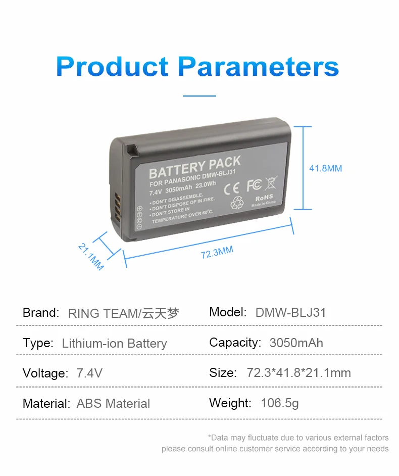 7.4V 3050mAh DMW-BLJ31 Rechargeable Digital Battery DMWBLJ31 Lithium-ion Batteries for DC-S1R DC-S1M DC-S1H Cameras details