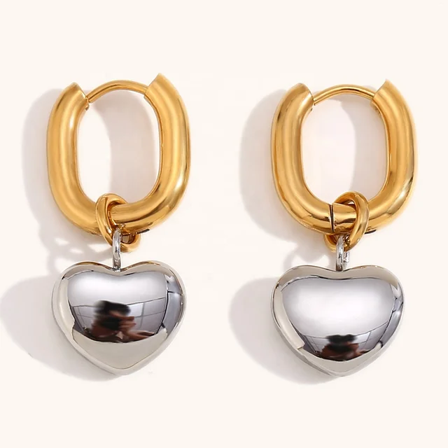 Dingran Waterproof 18K Gold Plated Double Color Jewelry Stainless Steel Heart Drop Earrings