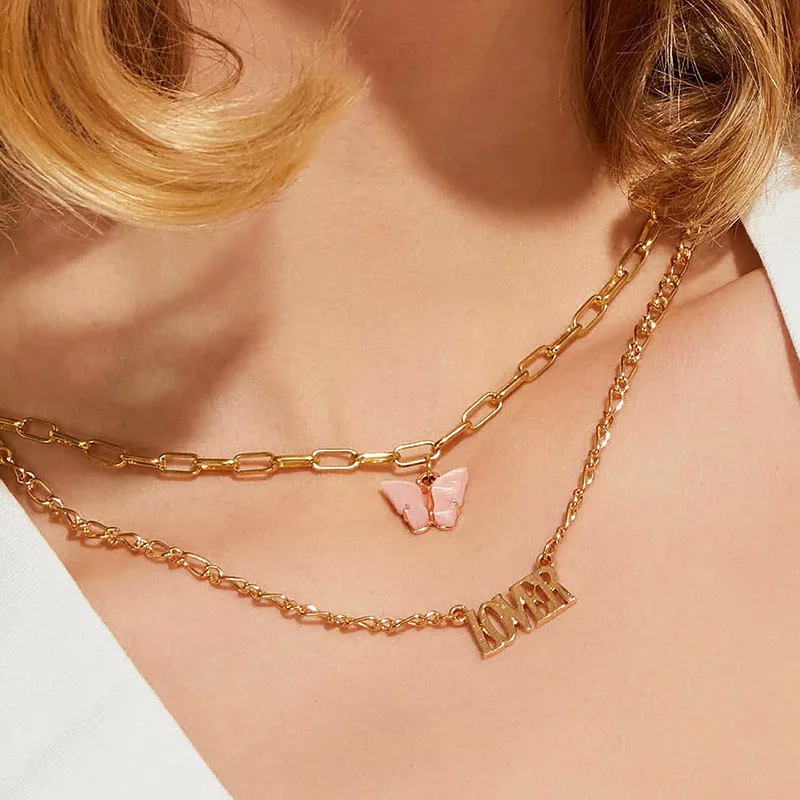 Acrylic Vogue butterfly necklace chain double letter angel pendant 