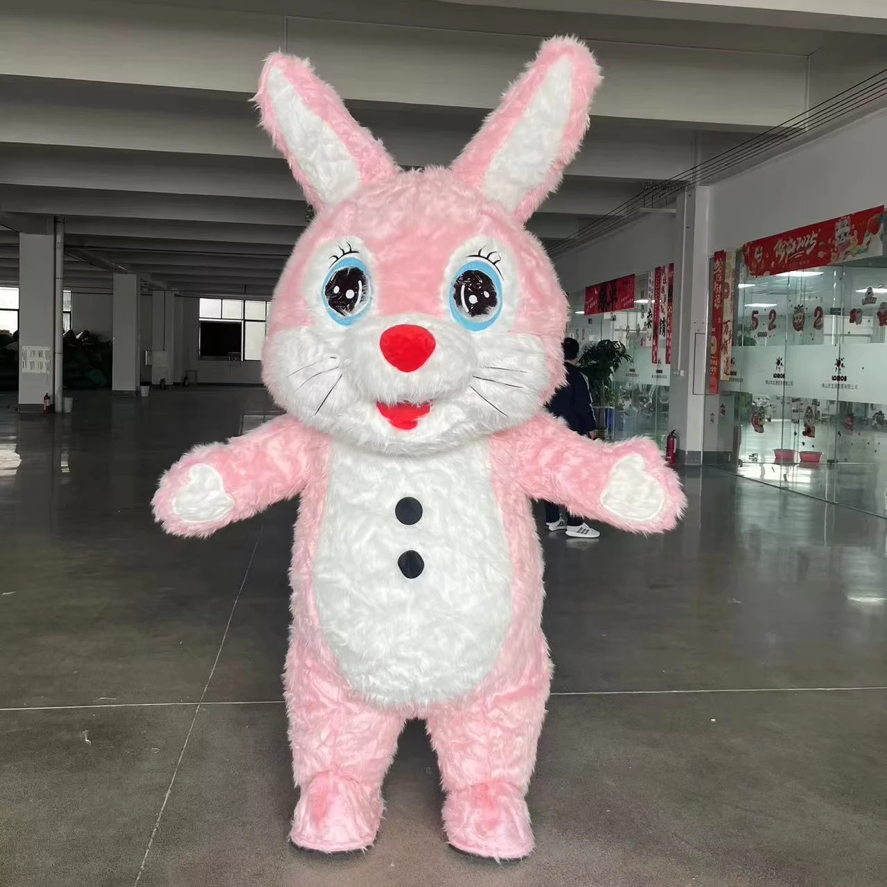 Custom Cute Easter pink Bunny Plush Animal Mascot Costume Inflatable Cartoon Short Ear Rabbit Mascot Costume for Adult