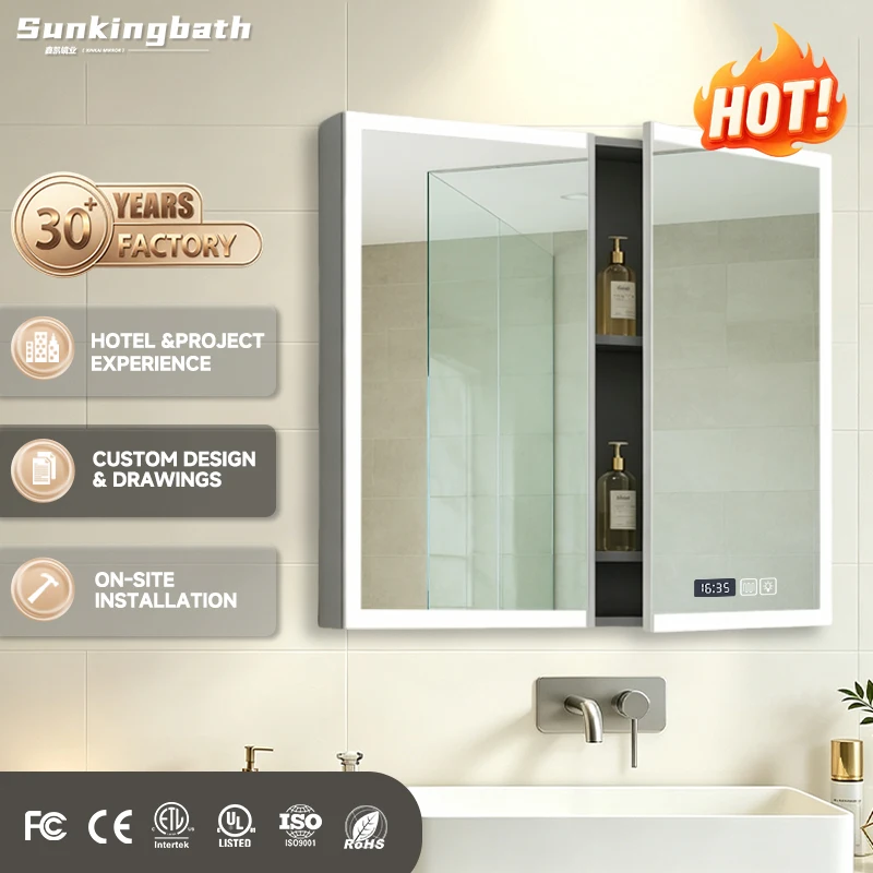Modern LED Shaving Cabinet Mirror Cabinet Stainless Anti-Fog Wall Mounted Double Door Bathroom Cabinet with Mirror & Led Light