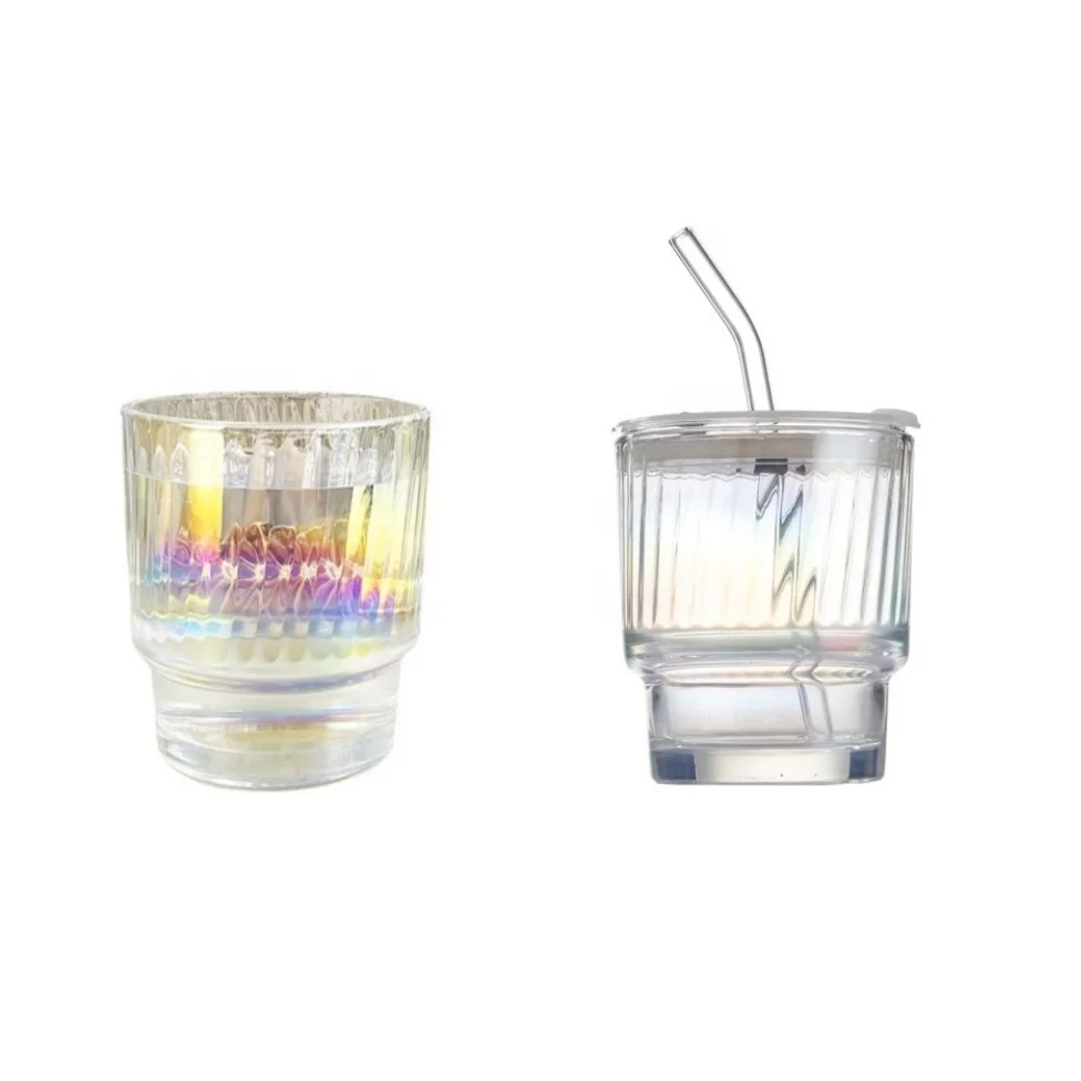 Glass Tumbler Colorful Coffee Cup with Lid and Straw Modern Design Drinking