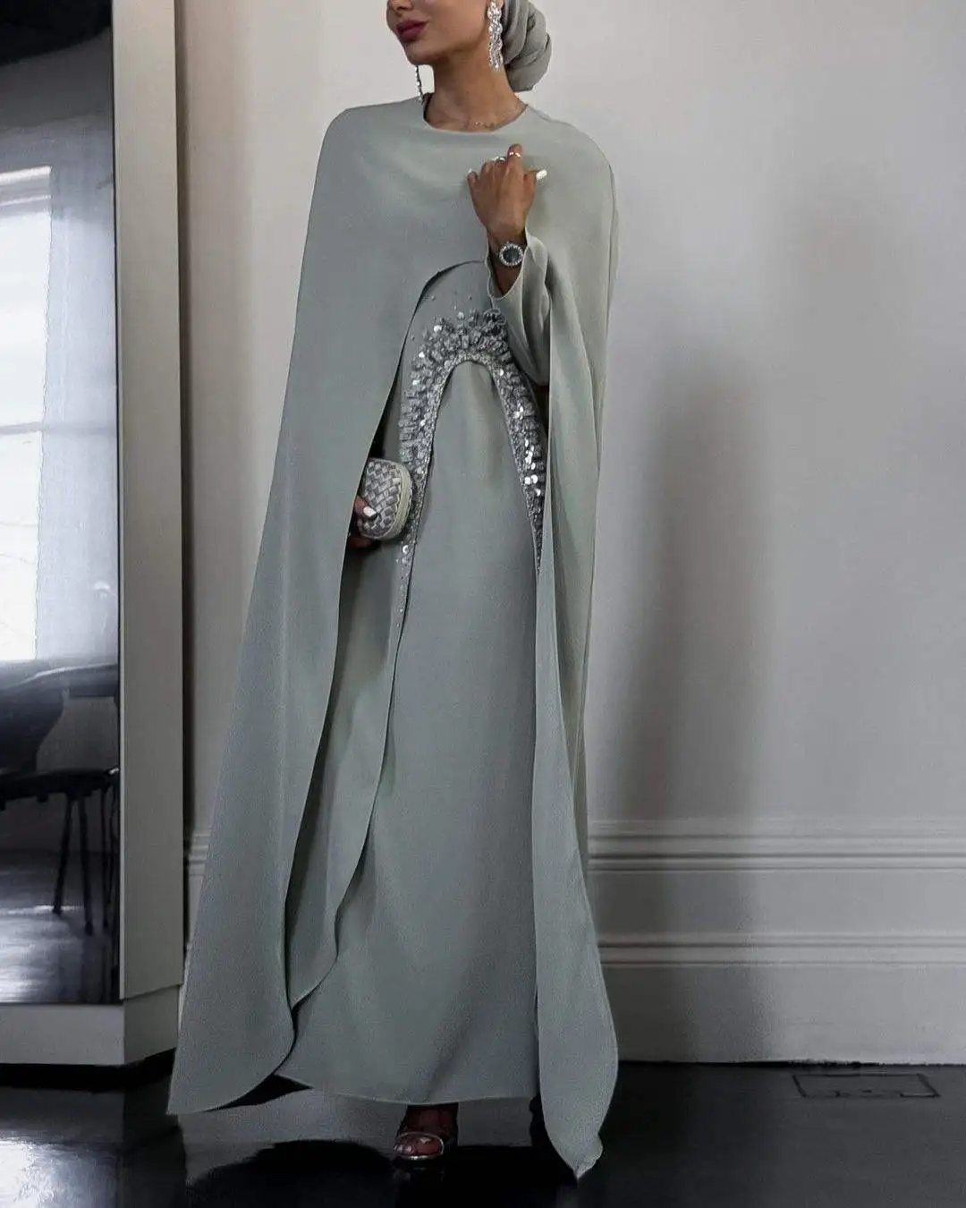 2024 New Design Muslim Stretch Slimming Lantern Gauze Sleeve Party Turkish Abaya Women Evening Dress