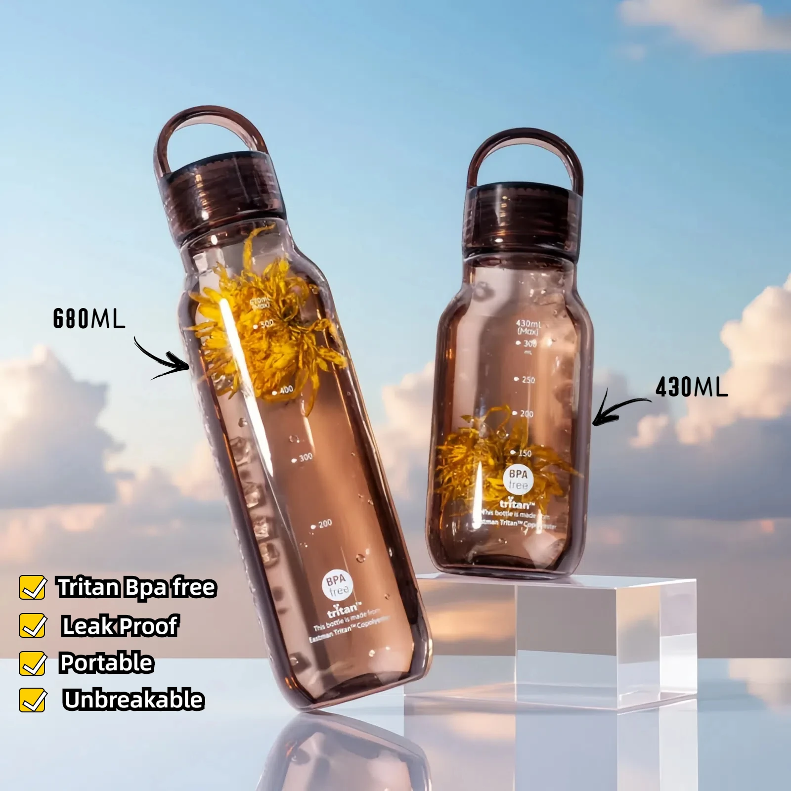 Portable 430ml 670ml Crystal Clear Tritan Water Bottle,Heat Resistant OEM Print Water Bottle with Scale for Work and School