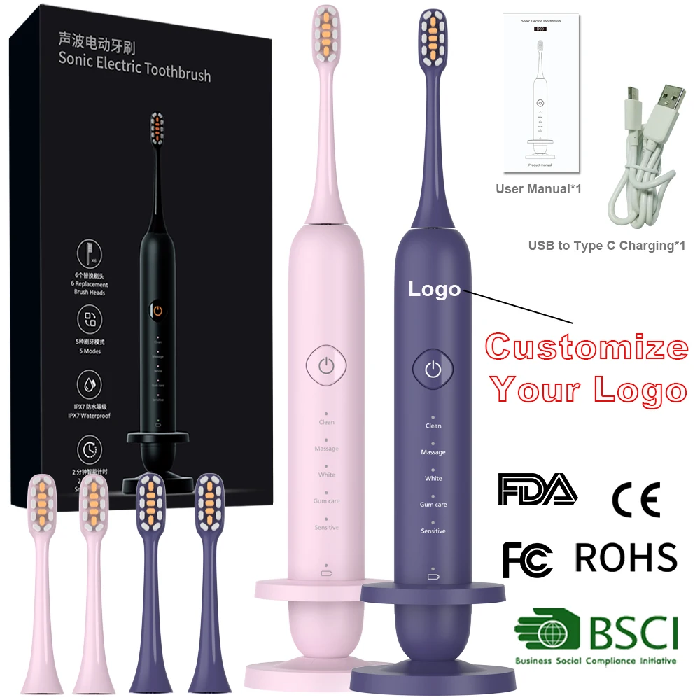 Hot Selling Products 2026 Waterproof IPX7 Smart Electronic Automatic Sonic Rechargeable Pink Electric Toothbrush Tooth Brush