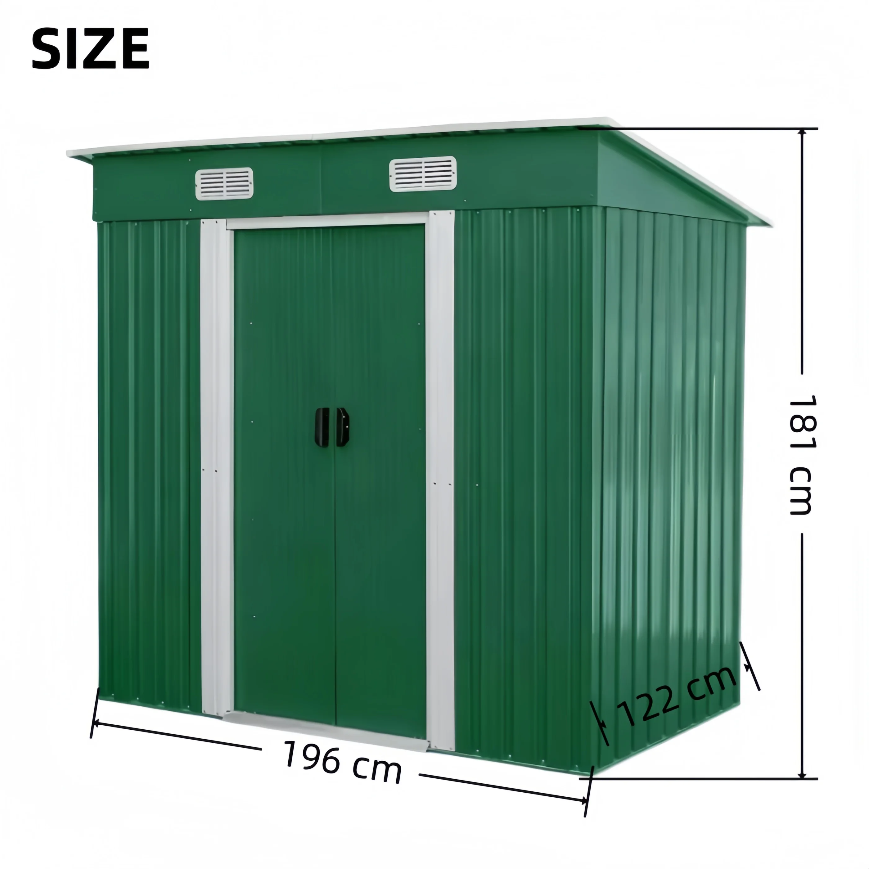 Easily Assembled Waterproof Lockable Double Sliding Doors Flat Roof Garden Metal Tool Storage Shed for Backyard Patio Poolside