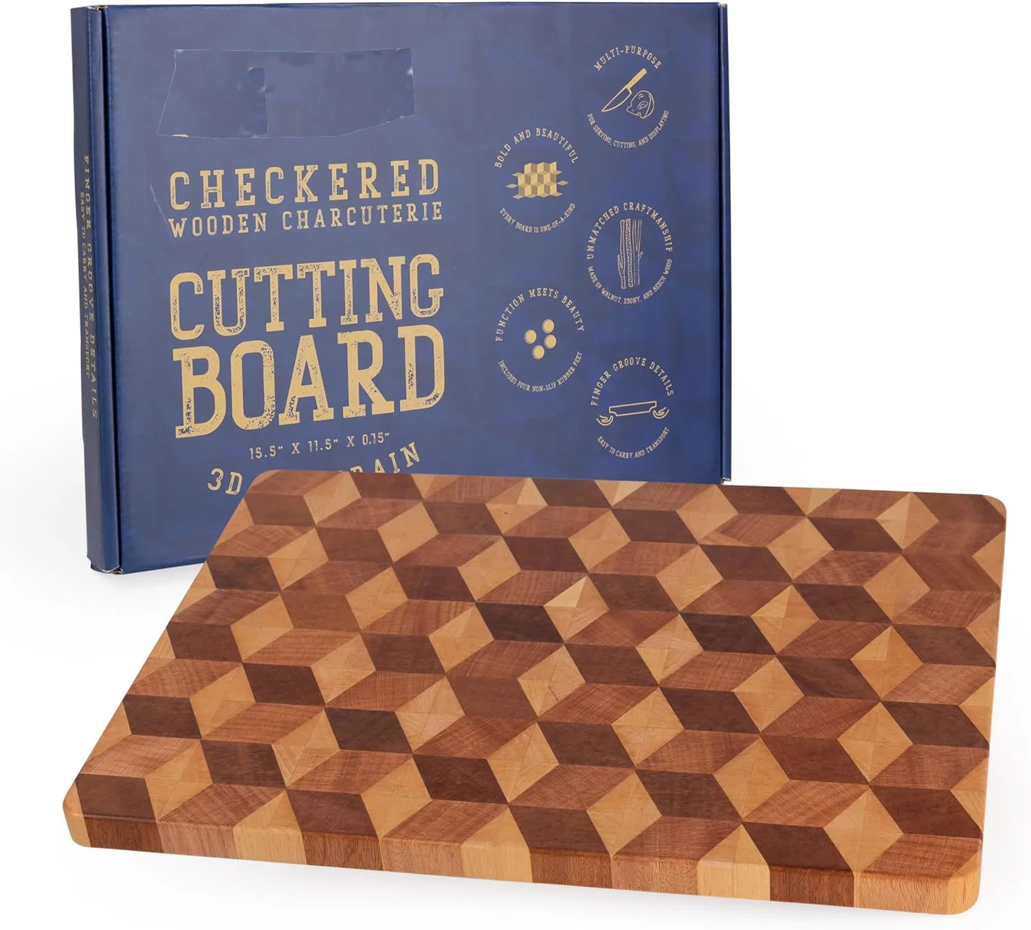 Handmade 3D Checkered Cutting Board with Feet End Grain Wooden Chopping Board Butcher Block
