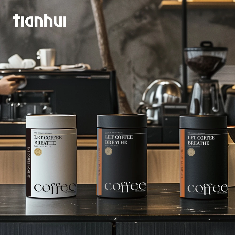 Tianhui-contenedor hermético vacío de calidad alimentaria, latas redondas negras, latas de Metal, bote para té, azúcar y café con tapa, lata de té