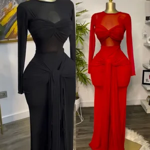 Viviblook Z424DS10 Women Casual Dresses O Neck See Through Tight Elegant Maxi Plus Size Dress Sexy  Dresses for Ladies