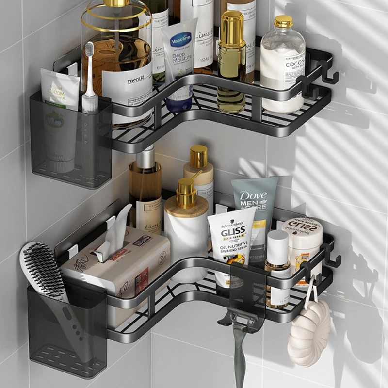 Bathroom Adhesive Toothpaste Storage Rack Caddy Shower Corner Organizer Shelves With Hooks