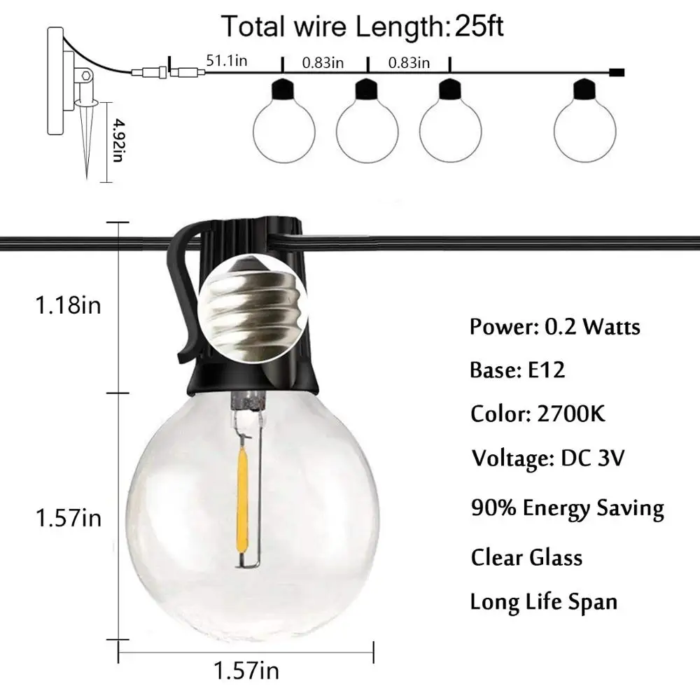 
Гирлянда G40 на солнечной батарее, 27 светодиодов, комнатное и уличное освещение для сада, внутреннего дворика, бистро, кафе 