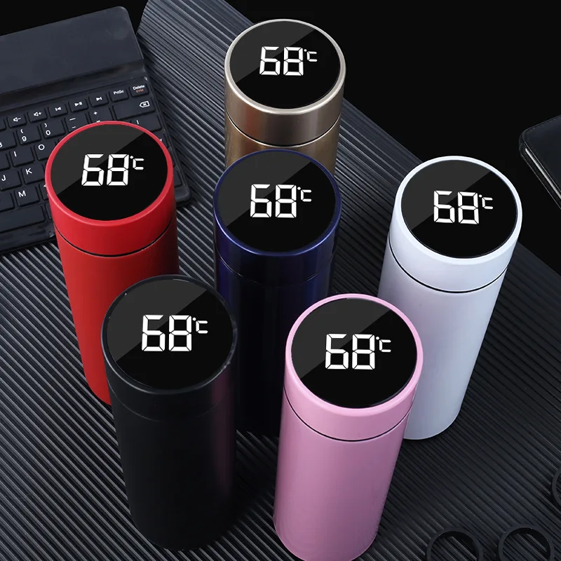 500ml/17OZ Cheap Led Intelligent Temperature Measuring Water Bottle 304 Stainless Steel Thermal Insulation Cup Thermometer Mug