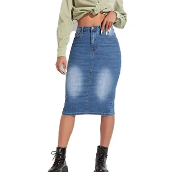 women's high waist jeans skirt women denim slit back midi denim maxi skirt plus size casual a-line woman denim skirt knee leng