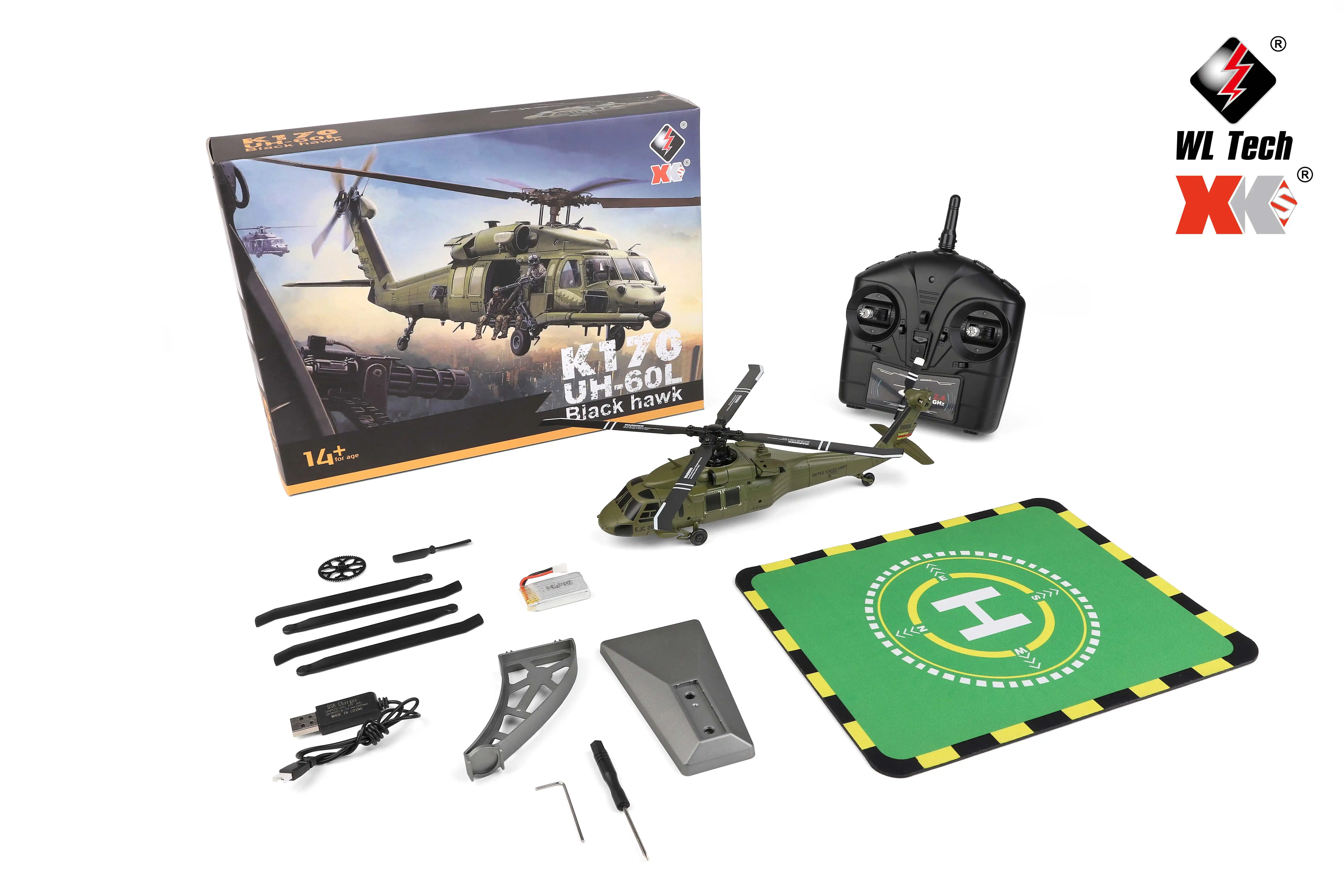 HOSHI Wltoys K170 UH-60L 2.4G 4CH 6-Axis Gyro Brushless Motor Military Green RC Helicopter RTF XK K170 Toys