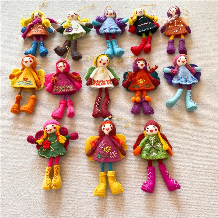 20CM Handmade Handing Wool Felt Rainbow Xmas Fairy Doll Friends for Christmas Ornaments