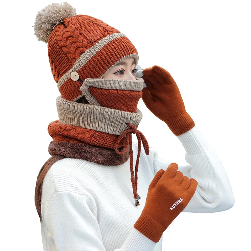 A2423  High Quality Ring Scarves Hat Touch Screen Gloves Set Winter 4pcs Fleece Lined Cycling Pom Pom Beanie Gloves Scarf Hats