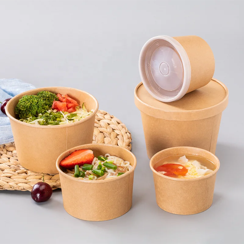 Disposable Kraft Paper Soup Containers with Plastic Lids - Kraft