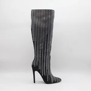 BUSY GIRL HQ1136 Women Boots Super High Heel Rhinestone Pointed Toe Knee High Boots Starry Dress Stiletto Breathable Women Boots