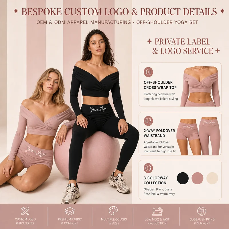 Womens Off Shoulder Yoga Set Long Sleeve Crop High Waist Leggings Quick Dry Breathable Fitness Outfit