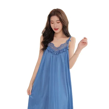 2022 Summer new model ice silk lady loose condole belt lace sleep skirt pajamas night designer footy pajamas