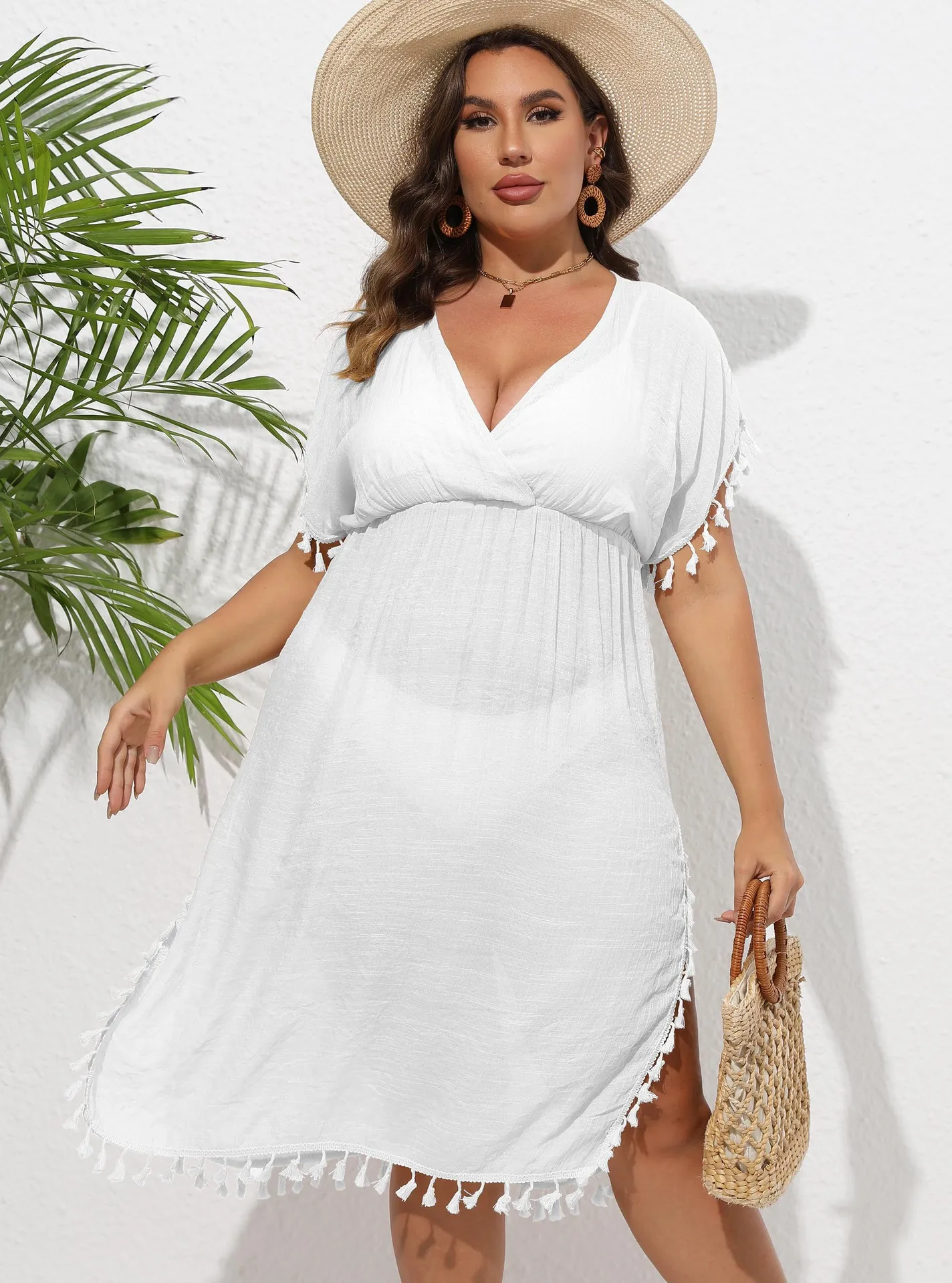 Plus Size Solid v Neck Midi Length Dress with Tassel Fat Women Large Sizes  Polyester Fabric Cover-up Summer Sun Beach Dresses
