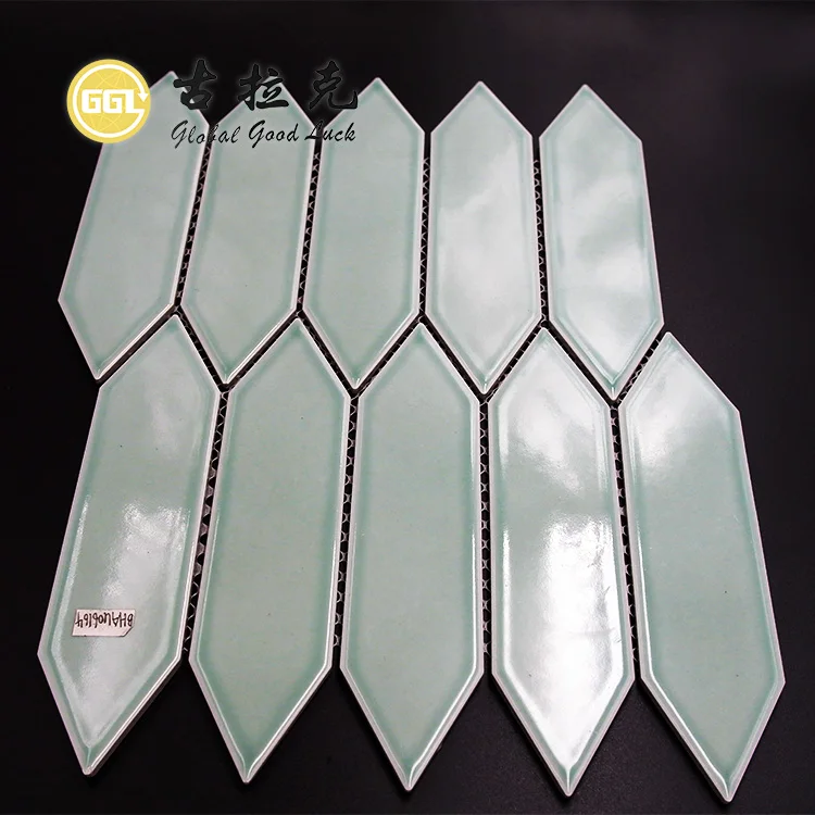 Light Green Long Hexagon Shape Glossy Mosaic Ceramic For Bathroom Wall Tiles factory