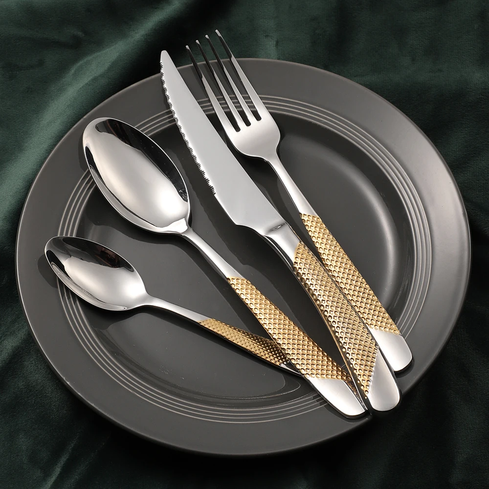 2024 Hot Selling Product Hammered Stainless Steel Flatware Set Gold