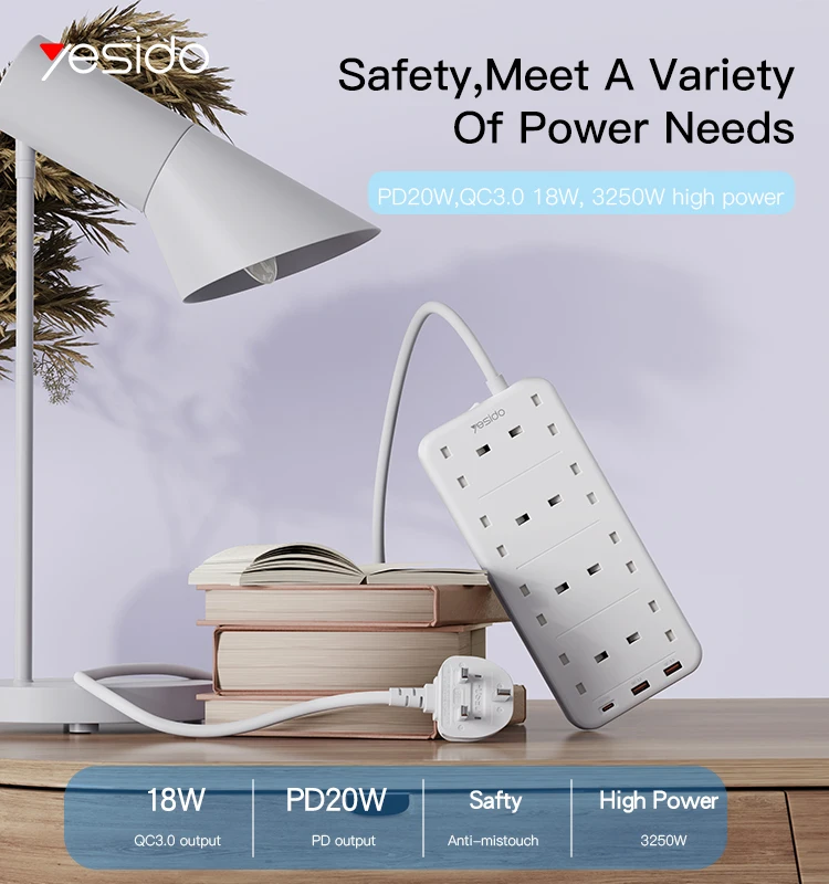 YESIDO 2 Meter MAx 3250W capacity 8 AC ports Power Socket with PD and QC fast charging USB ports