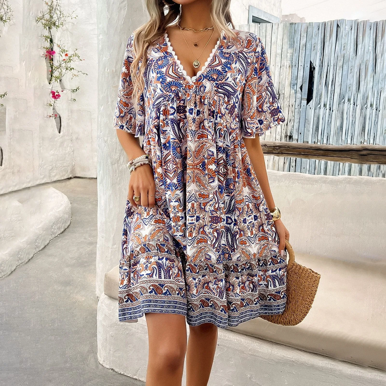 B904 2024 Women's Casual V-Neck Dress Short-Sleeved Summer Dress with Loose Printed Chiffon Washable New for Ladies