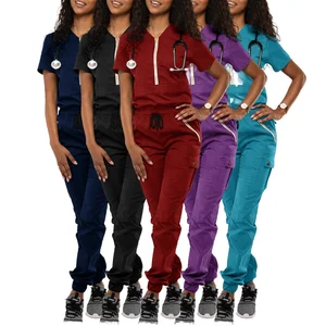 2026 Unisex Comfortable Nurse Scrubs Jogger Sets Stylish Short Sleeve Zipper Scrub Uniforms for Hospital Workers