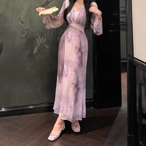 Vintage Floral Print Chiffon Flared Sleeve Pleated V-Neck Tight Waist Casual Midi Dress for Women Blue Long Sleeve Summer Dress