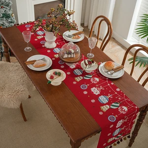Wholesale Custom Christmas Party Decorations Reusable Cartoon Print Cotton and Linen Lighted Christmas Runner Table