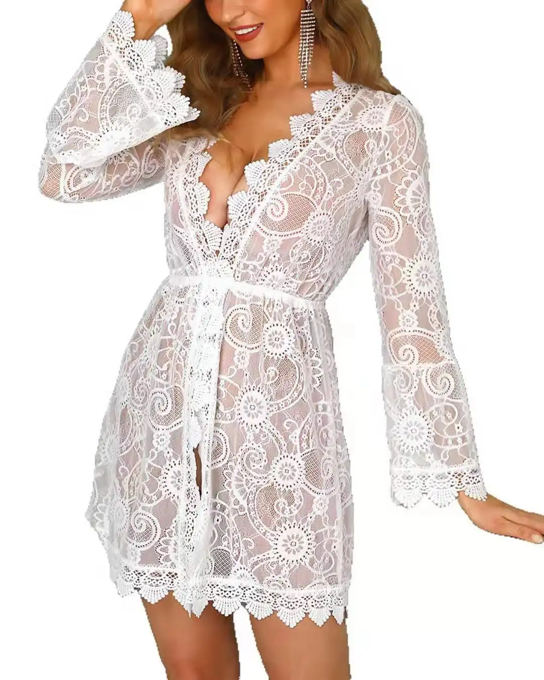 Robe de plage en dentelle transparente, motif Floral, blanche, à