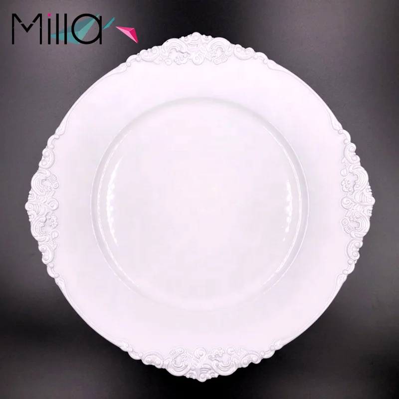 White Gold Disposable Eco-Friendly Plastic Dinner Dishes Plates with Vintage Edge Design Handpainted for Restaurants