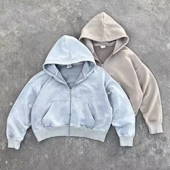 OEM Zip-Up Custom Logo Hoodie Blank 420gsm2 Fleece  Hoodie Vintage  Acid Wash Sun Faded  Boxy Zip up Vintage Hoodie for Men