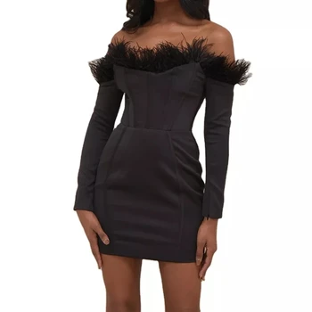 wholesale ladies Black Off Shoulder Feather birthday dress customized elegant women Sexy Long Sleeve black casual dress