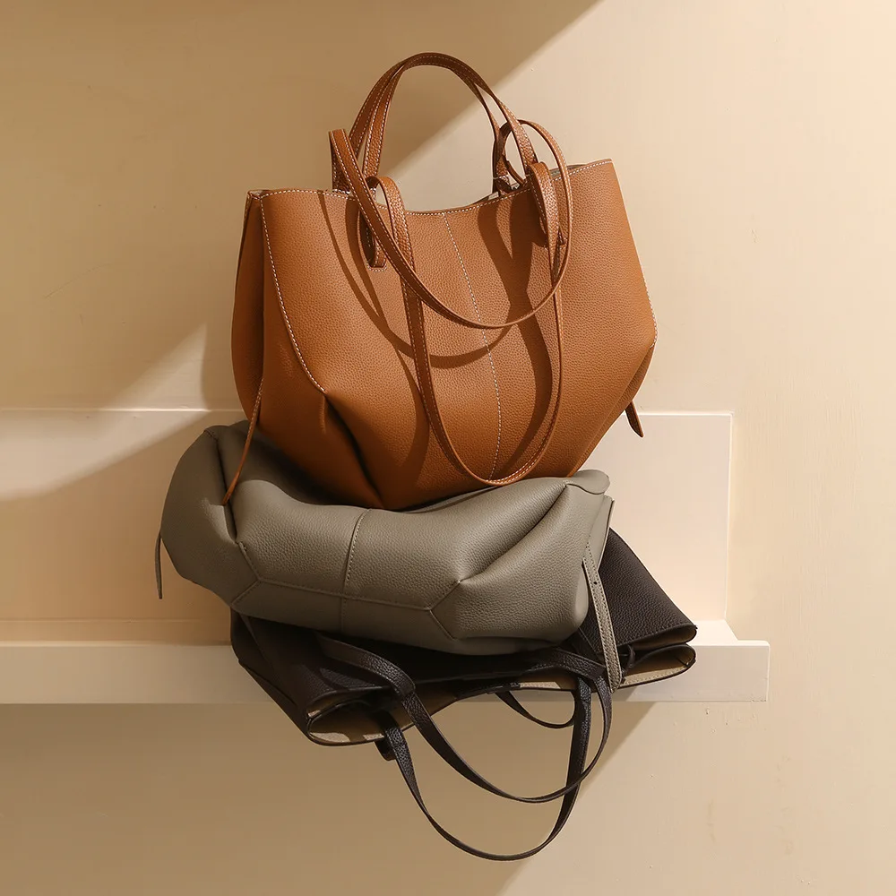Hot Selling Cowhide Handbag Genuine Leather Women’s High-end Light Luxury Tote Shoulder Bag Large Capacity Magnetic Clasp Cotton