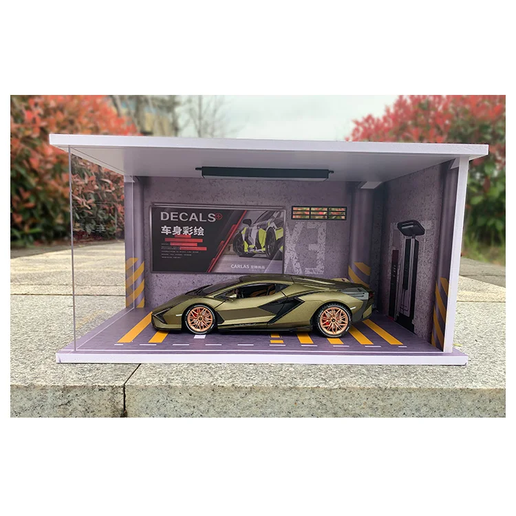 harayaa Vitrine Miniature de Garage/parking (1 Pièce) avec Mini Voiture Miniature Moulée sous Pression à L'échelle 1/64, Diorama, Présentoir En Acrylique, 3 couches